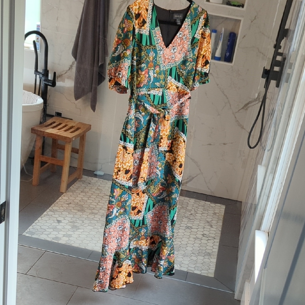 Gracia Green and Orange Flutter Sleeve Maxi Dress